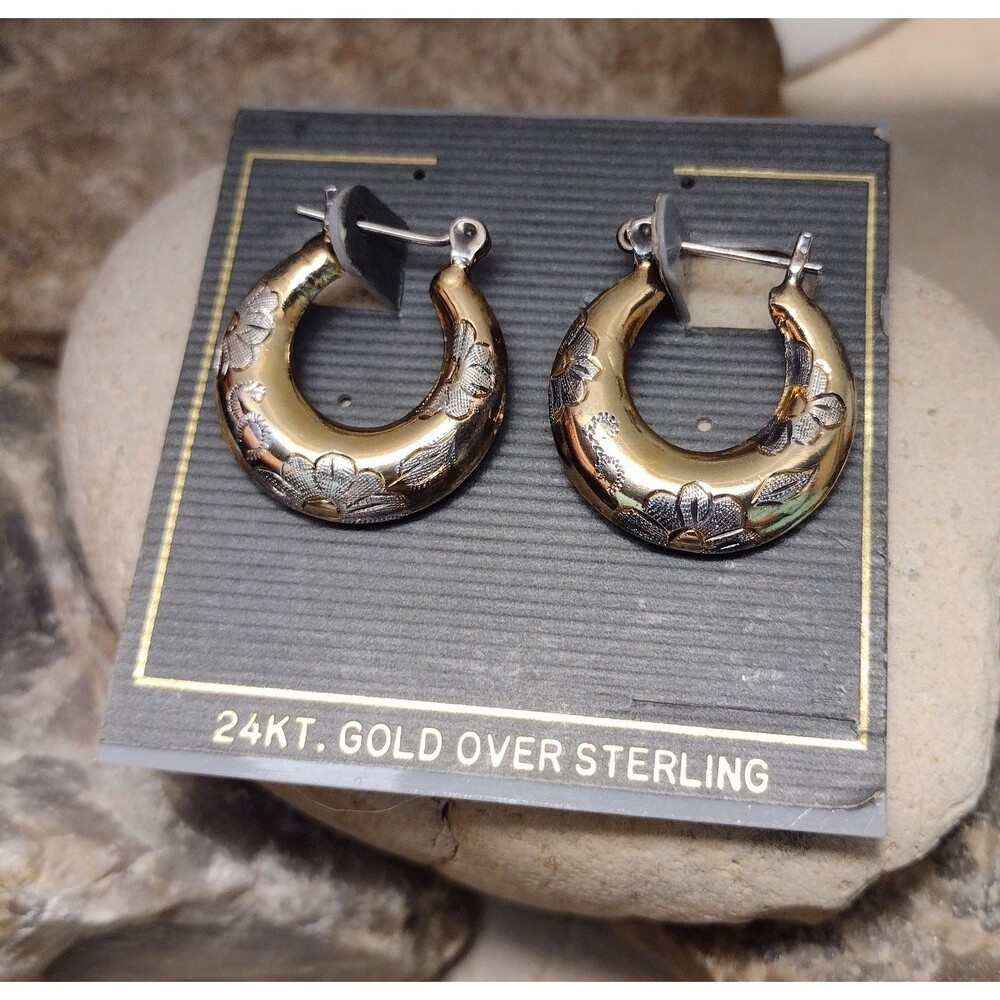 24KT Gold Over Sterling Floral Hoop Earrings - Gold - Picture 9 of 11